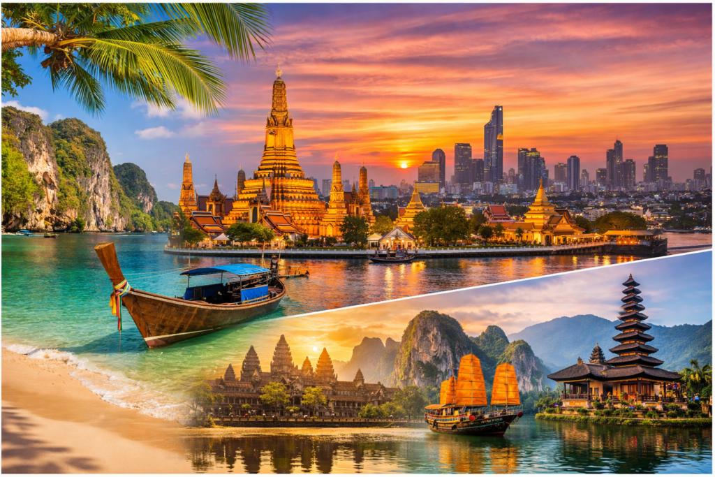 Thailand beach, Bangkok skyline at sunset, and Southeast Asia travel collage