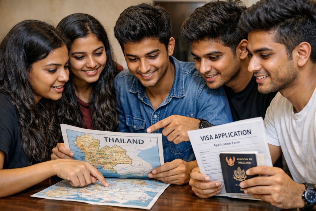 A diverse group of young adults (18-22) from Ernakulam looking at a map of Thailand and religious visa documents.